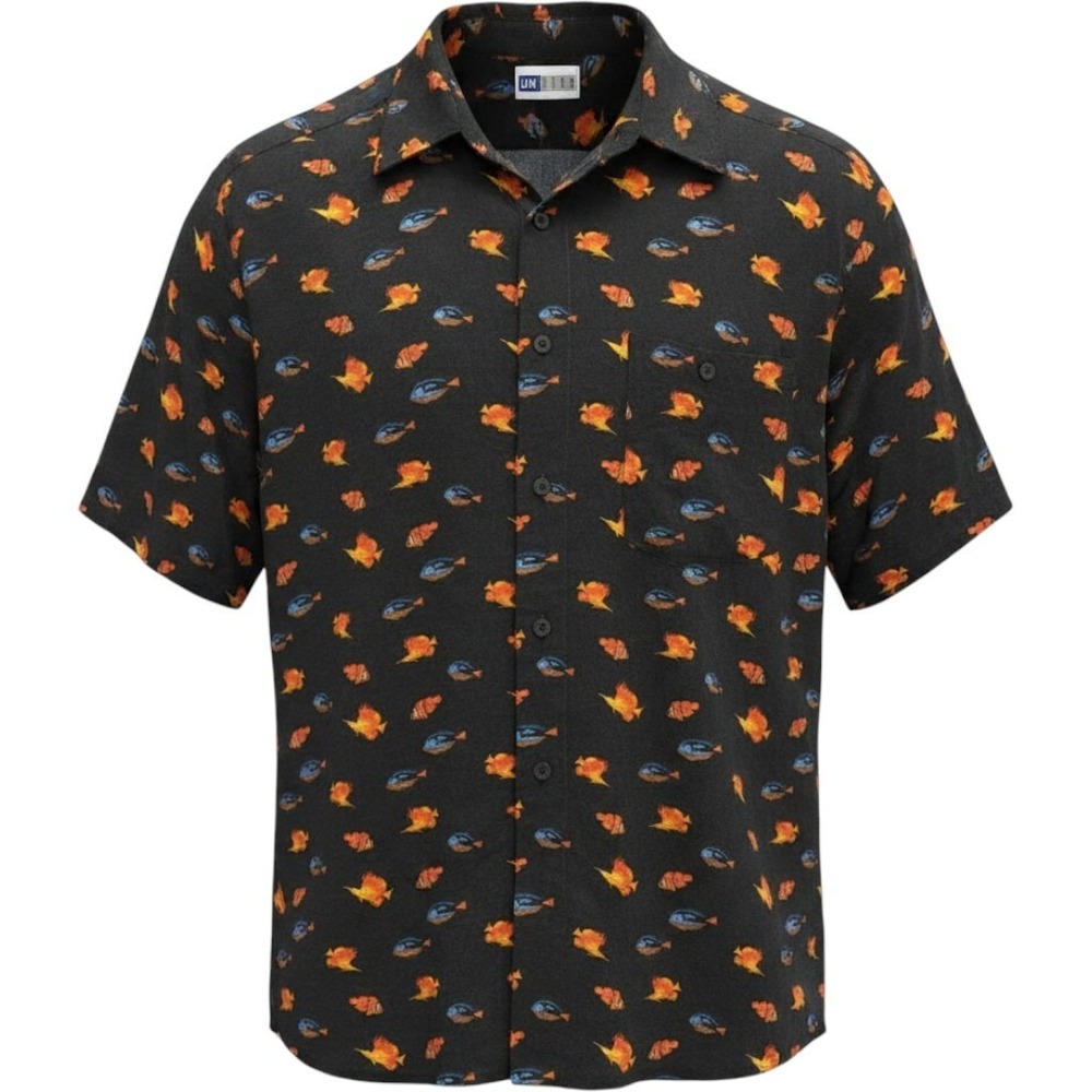Untied Mens Small Black Tropical Fish Print Rayon Short Sleeve Button Down Shirt